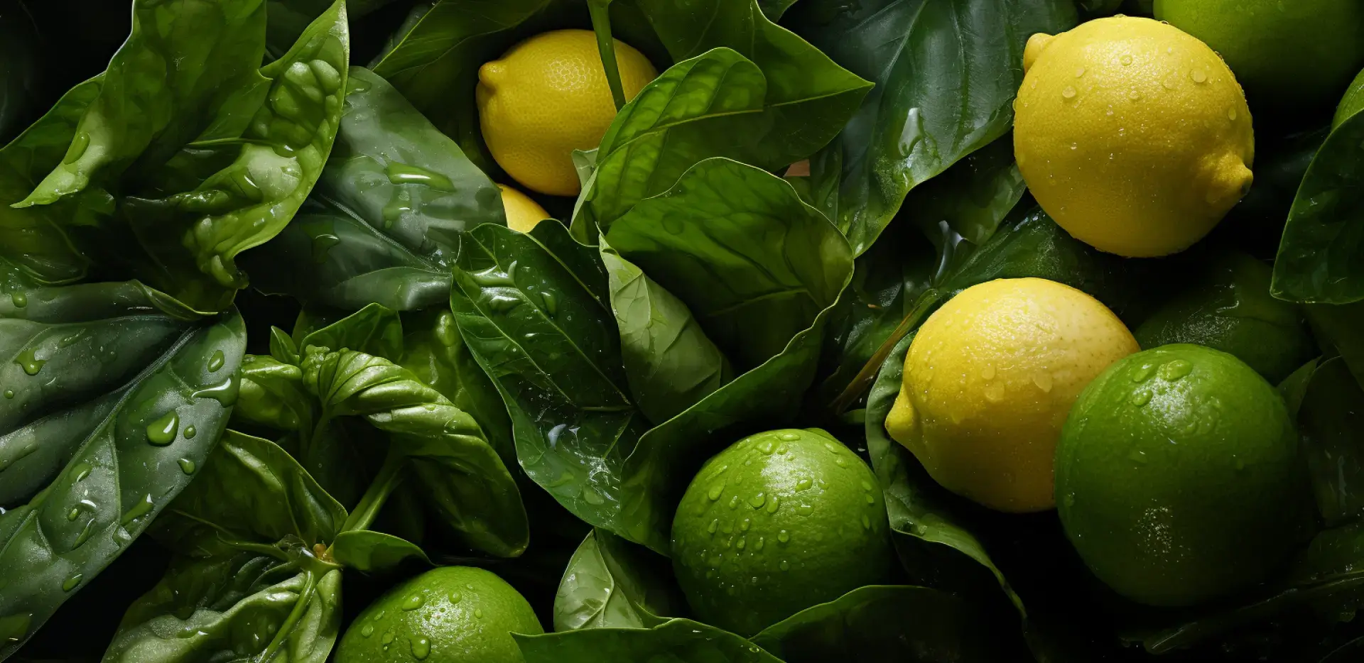 Grean healthy background image with lemons and leaves